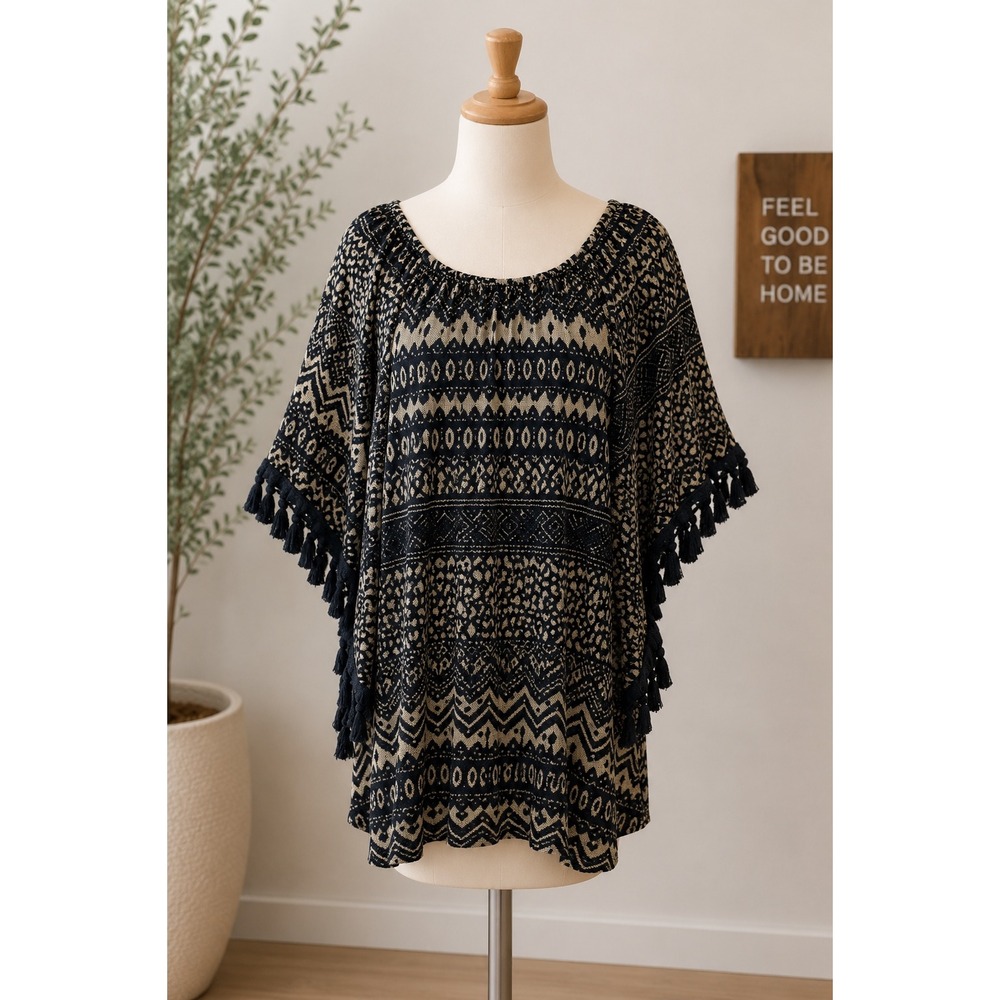 Va Va by Joy Han Boho Fringe Poncho Dress Women's  M Black Beige Tribal Print